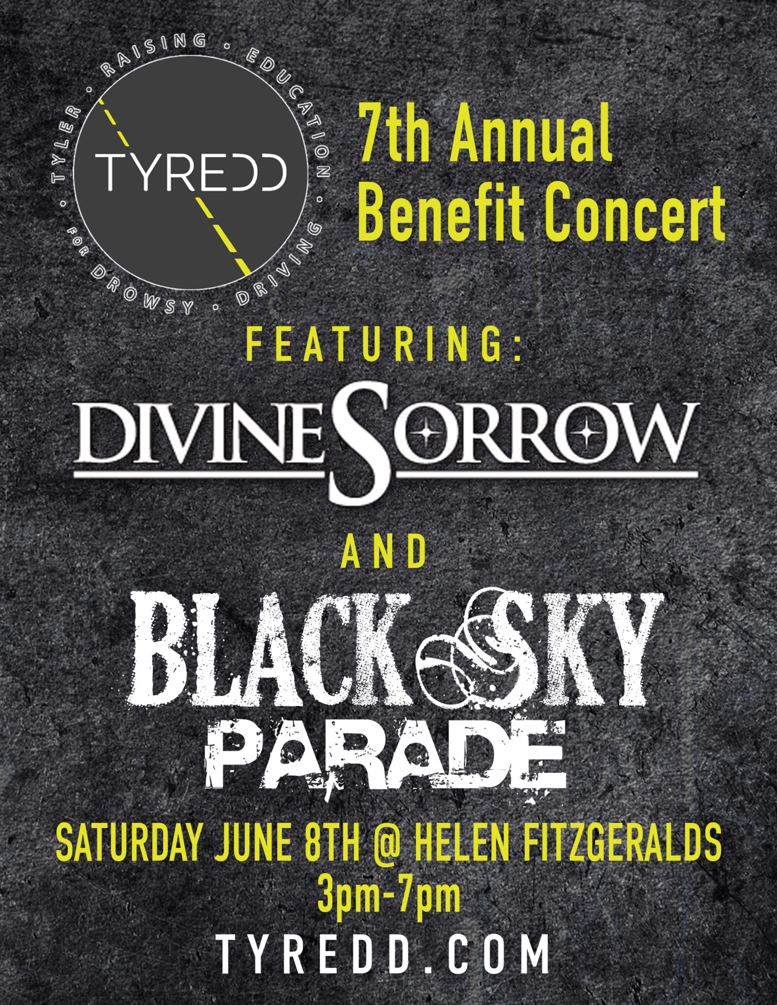 7th Annual Benefit Concert, June 8th, from 3-7pm at Helen Fitzgeralds. Featuring the bands Divine Sorrow and Black Sky Parade.